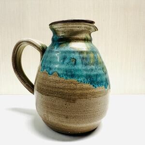 Vintage Art Studio Pottery Pitcher Creamer Blue Drip Gray Speckled Glaze AS IS